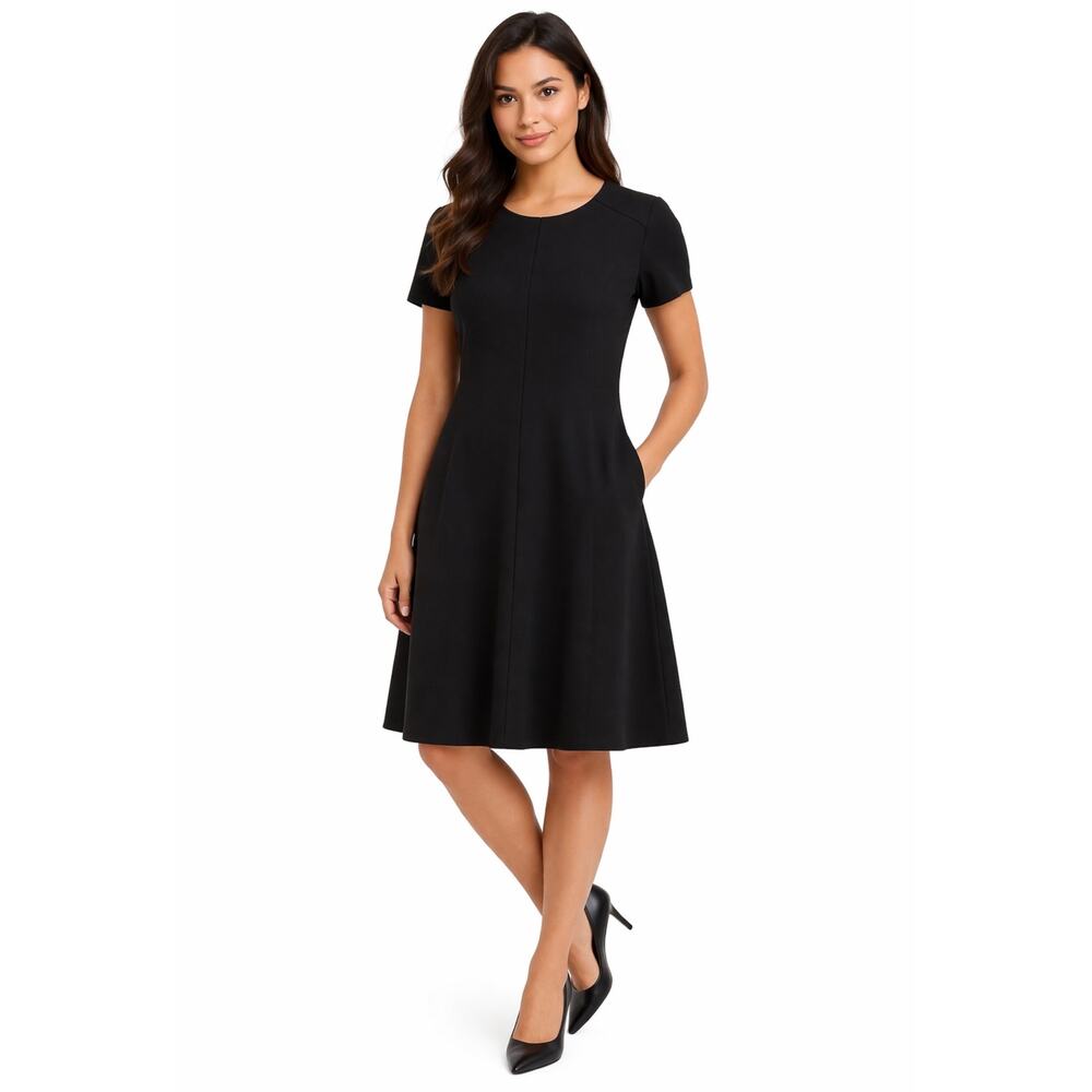Calvin Klein Black A-Line Dress Short Sleeve Career Work Size 10 Minimalist EUC